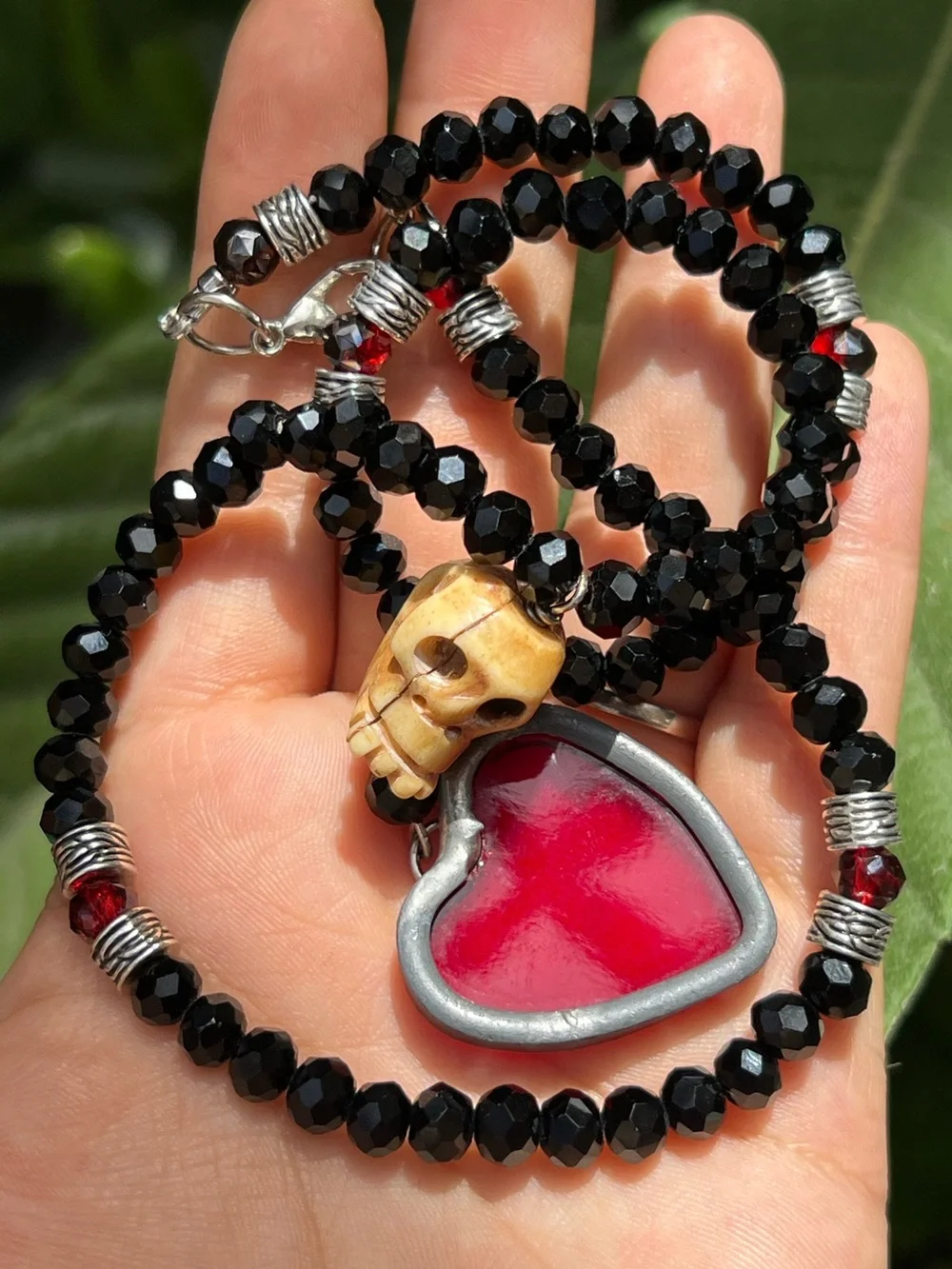 Handcrafted Black Crystal Bead Necklace with Red Steampunk Heart Pendant & Skull